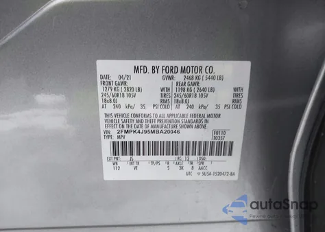 2021 Ford Edge Sel из США, поврежденный, VIN 2FMPK4J95MBA20046